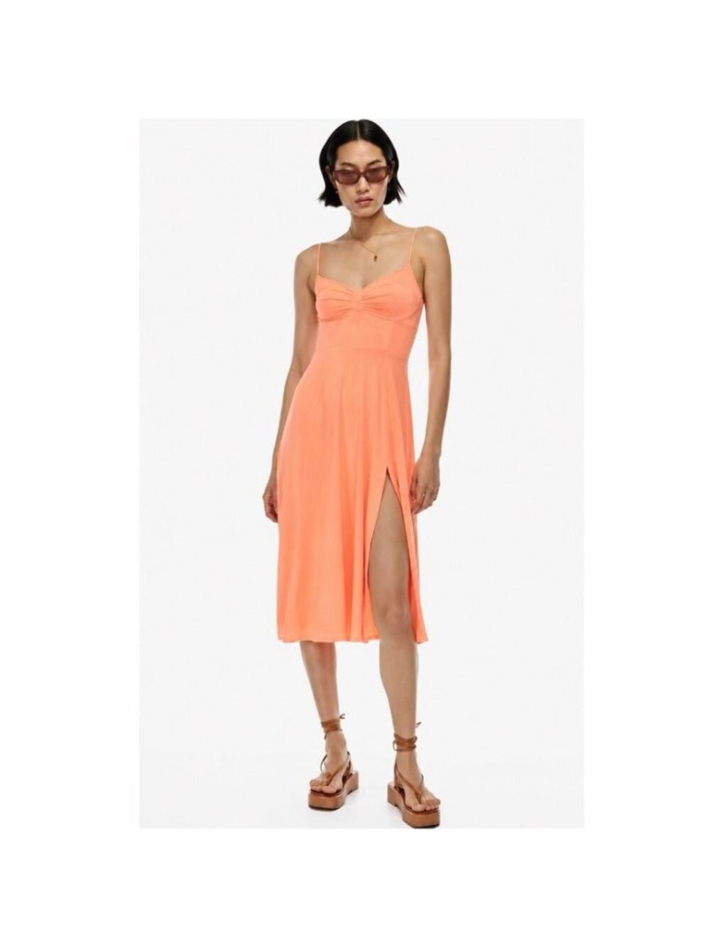 Sunday Best Aritzia Coral Peach Sweetheart Slip Midi Dress Side Slit 2XS